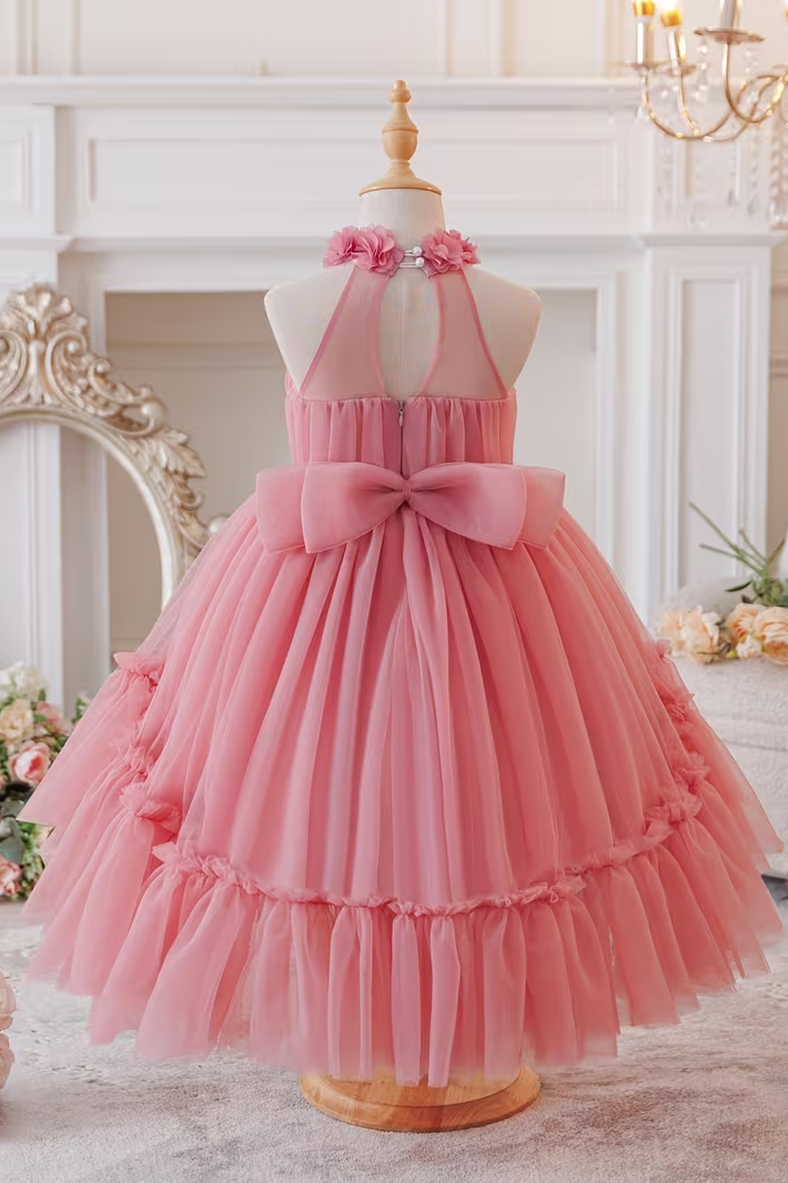 Pink Floral Halter Pearl Trim Two-Tier Tulle Back Bow A-Line Dress