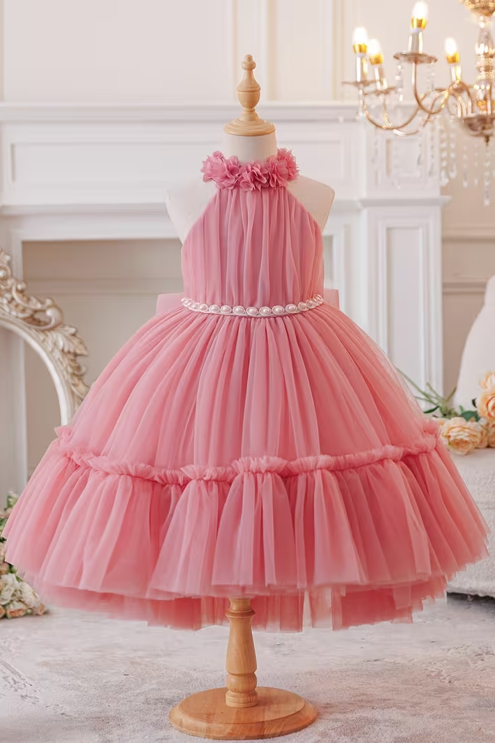 Pink Floral Halter Pearl Trim Two-Tier Tulle Back Bow A-Line Dress
