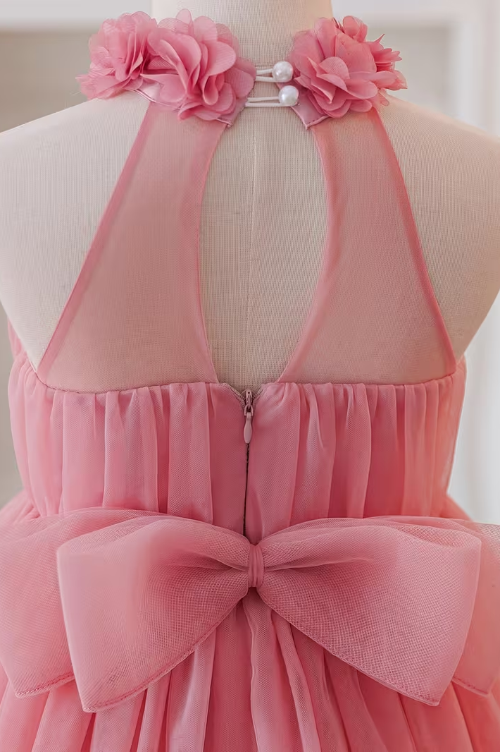 Pink Floral Halter Pearl Trim Two-Tier Tulle Back Bow A-Line Dress