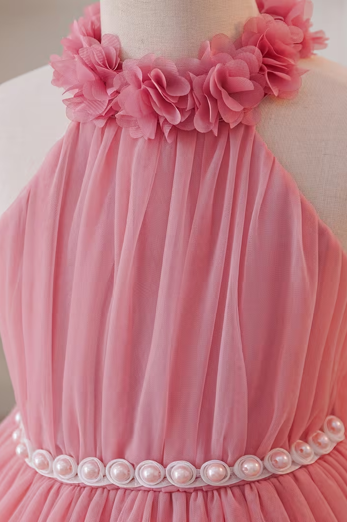 Pink Floral Halter Pearl Trim Two-Tier Tulle Back Bow A-Line Dress