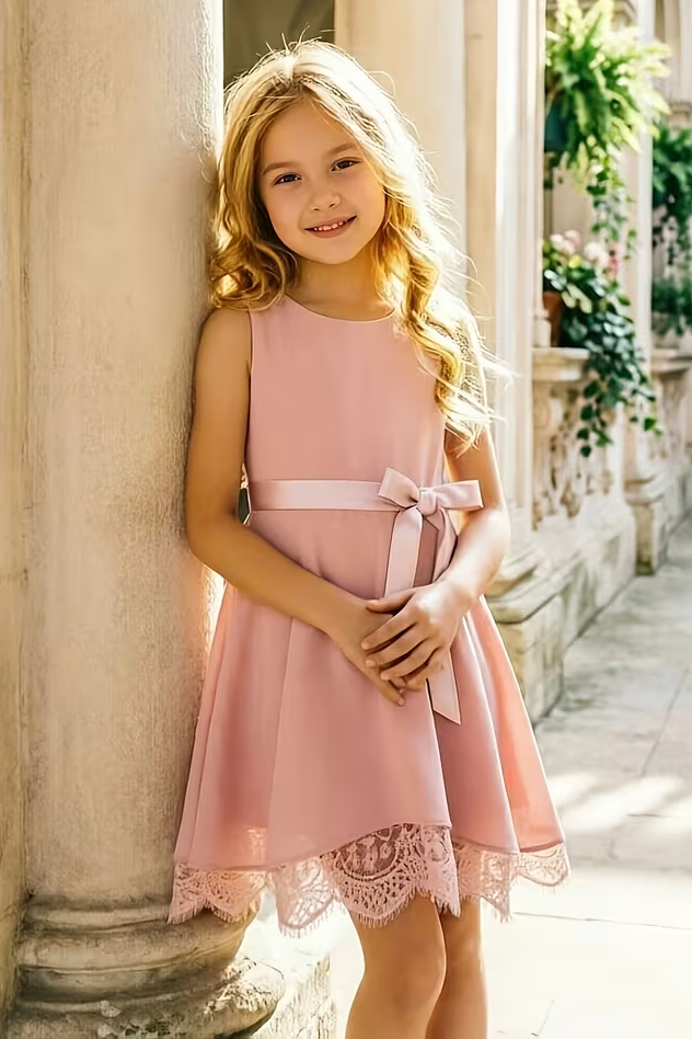 Pink Chiffon Satin Bow & Lace Hem Trim A-Line Girls Formal Dress