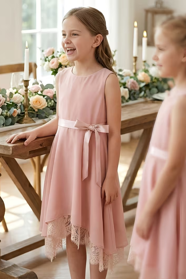 Pink Chiffon Satin Bow & Lace Hem Trim A-Line Girls Formal Dress