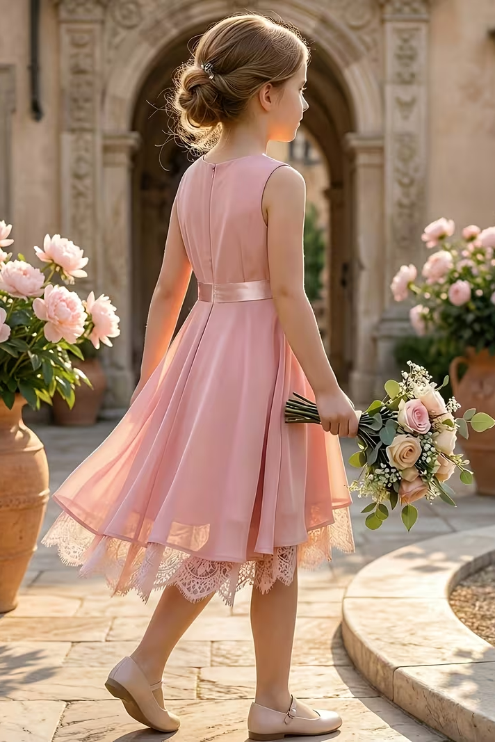 Pink Chiffon Satin Bow & Lace Hem Trim A-Line Girls Formal Dress