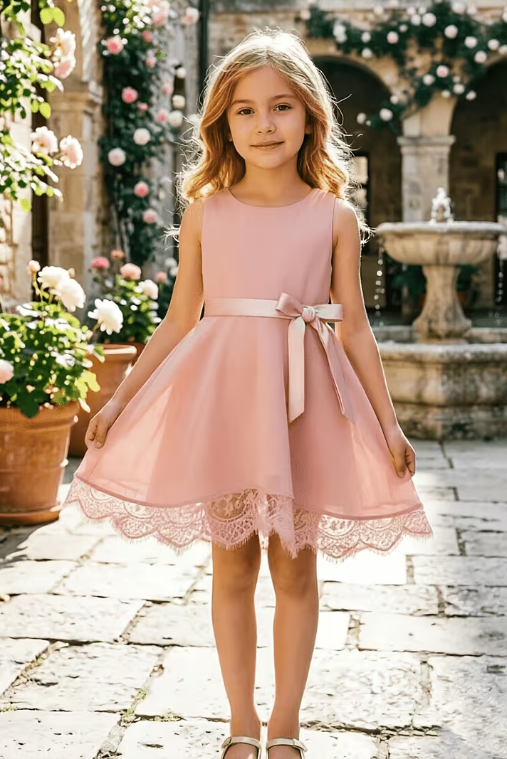 Pink Chiffon Satin Bow & Lace Hem Trim A-Line Girls Formal Dress