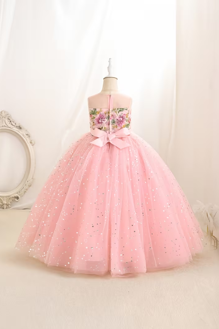 Pink Floral Lace Embroidered Sequin Tulle Floor-Length A-Line Dress