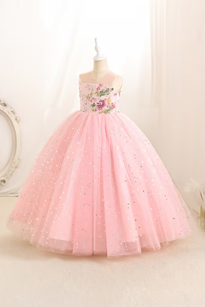 Pink Floral Lace Embroidered Sequin Tulle Floor-Length A-Line Dress
