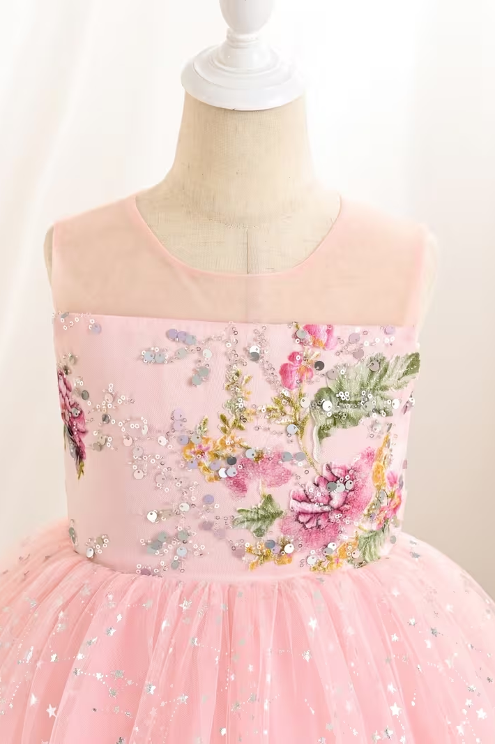 Pink Floral Lace Embroidered Sequin Tulle Floor-Length A-Line Dress