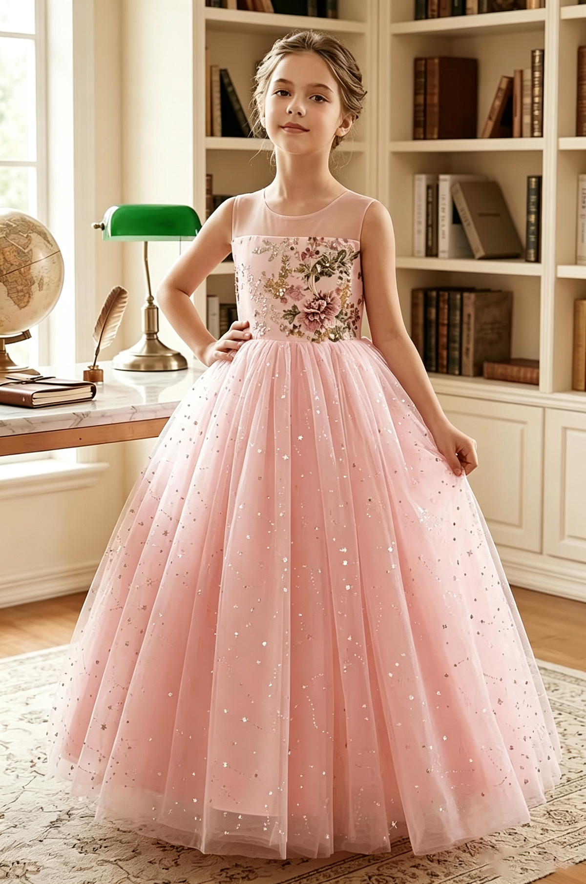 Pink Floral Lace Embroidered Sequin Tulle Floor-Length A-Line Dress