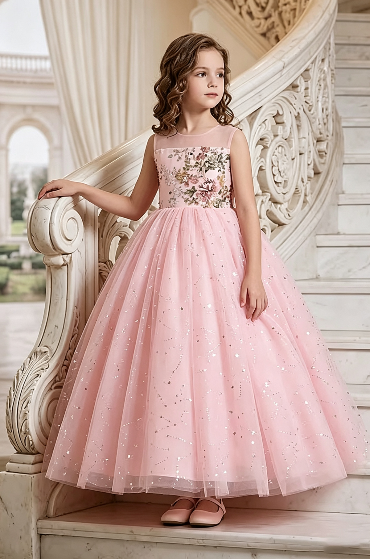 Pink Floral Lace Embroidered Sequin Tulle Floor-Length A-Line Dress