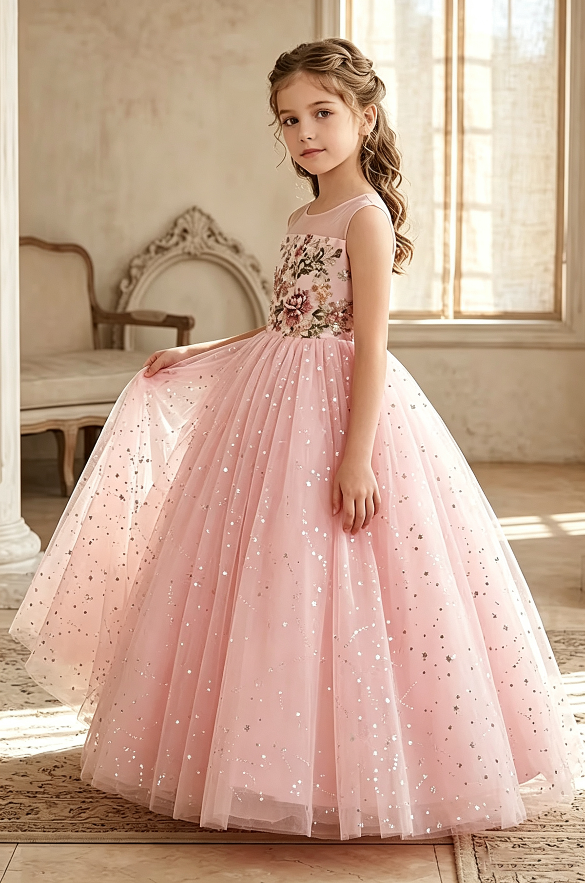 Pink Floral Lace Embroidered Sequin Tulle Floor-Length A-Line Dress