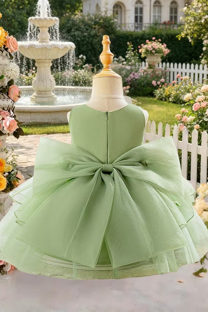 Sage Green Satin Chiffon 3D Floral Back Big Bow Multi-Layer Tulle A-Line Dress