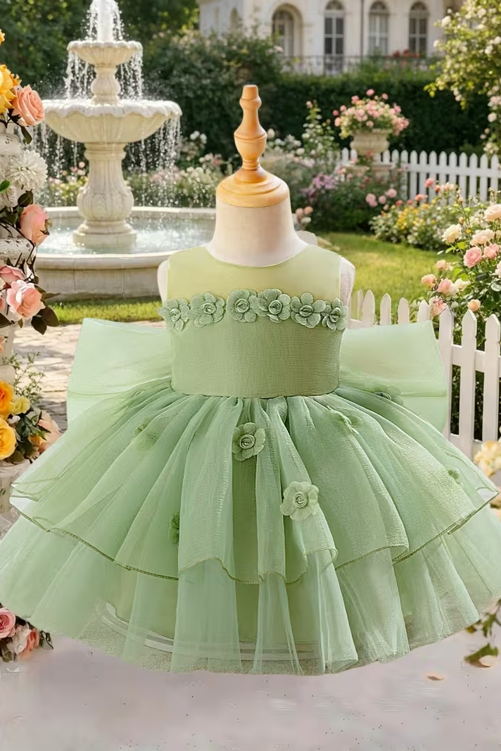Sage Green Satin Chiffon 3D Floral Back Big Bow Multi-Layer Tulle A-Line Dress