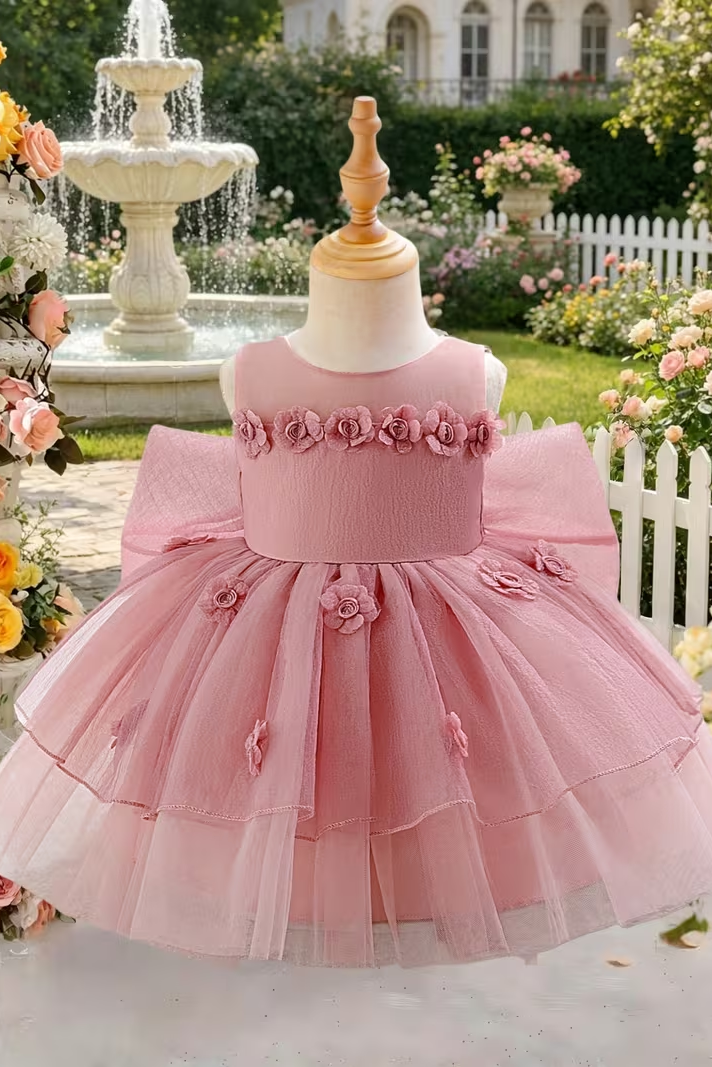 Sage Green Satin Chiffon 3D Floral Back Big Bow Multi-Layer Tulle A-Line Dress
