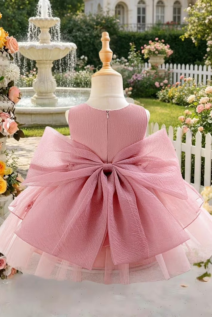 Sage Green Satin Chiffon 3D Floral Back Big Bow Multi-Layer Tulle A-Line Dress