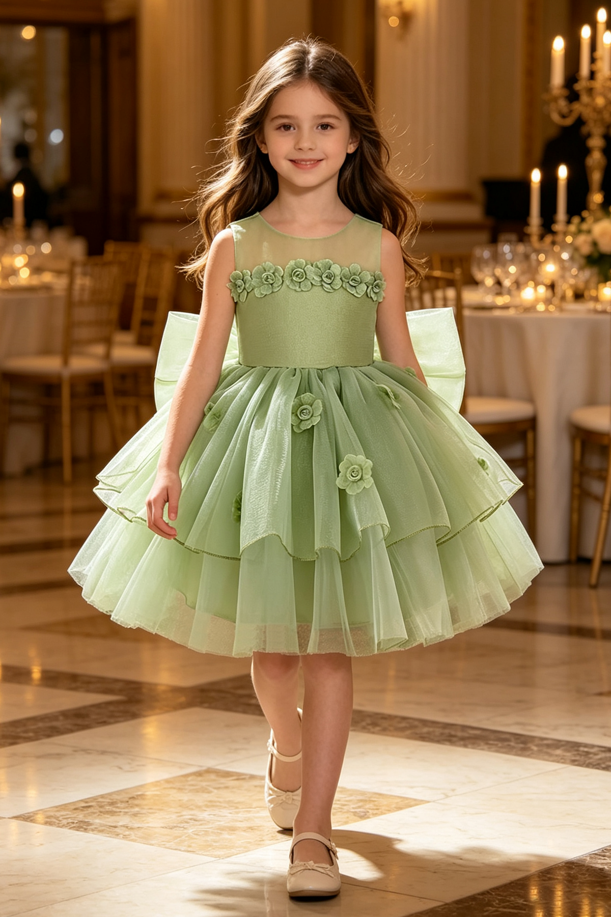 Sage Green Satin Chiffon 3D Floral Back Big Bow Multi-Layer Tulle A-Line Dress