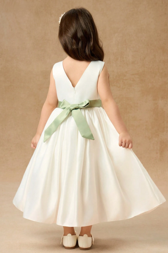 White Satin Sage Green Satin Bow Sash Round Neck A-Line Dress
