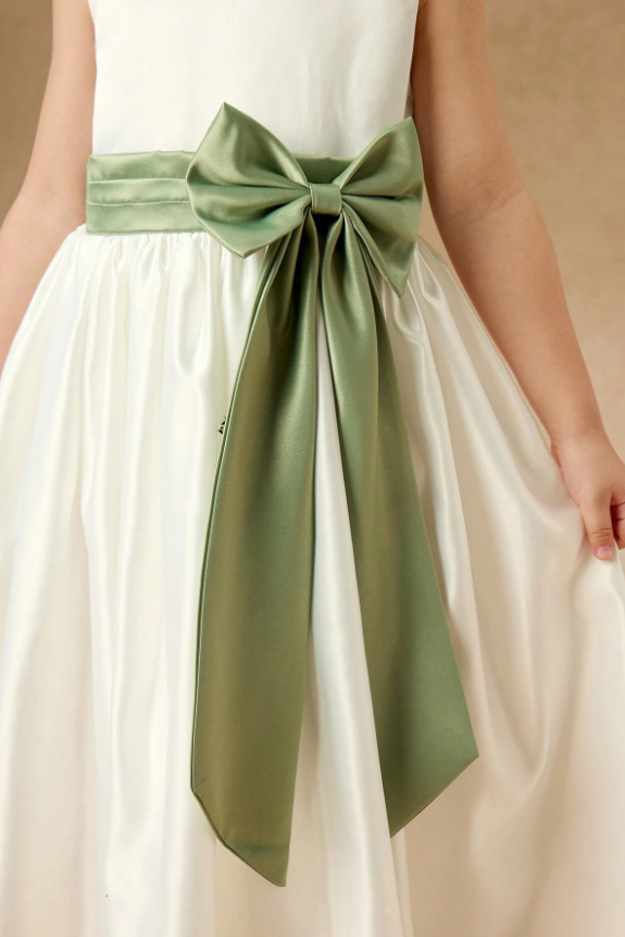 White Satin Sage Green Satin Bow Sash Round Neck A-Line Dress