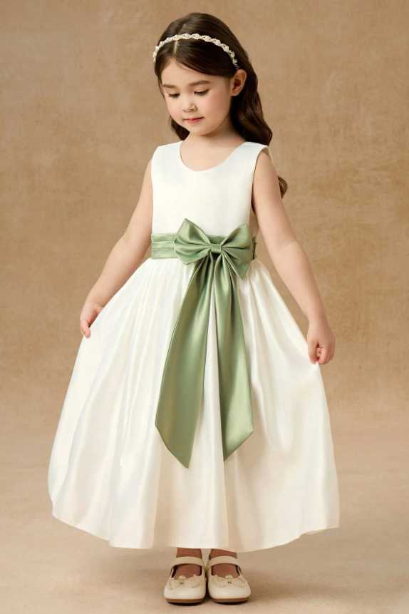 White Satin Sage Green Satin Bow Sash Round Neck A-Line Dress