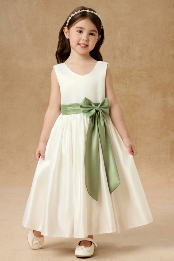 White Satin Sage Green Satin Bow Sash Round Neck A-Line Dress