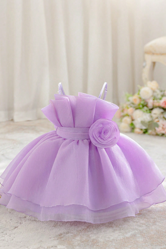 Lavender Chiffon Spaghetti Strap 3D Floral Back Big Bow Double-Layer A-Line Dress