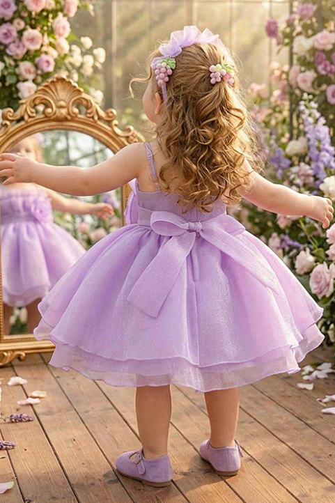 Lavender Chiffon Spaghetti Strap 3D Floral Back Big Bow Double-Layer A-Line Dress