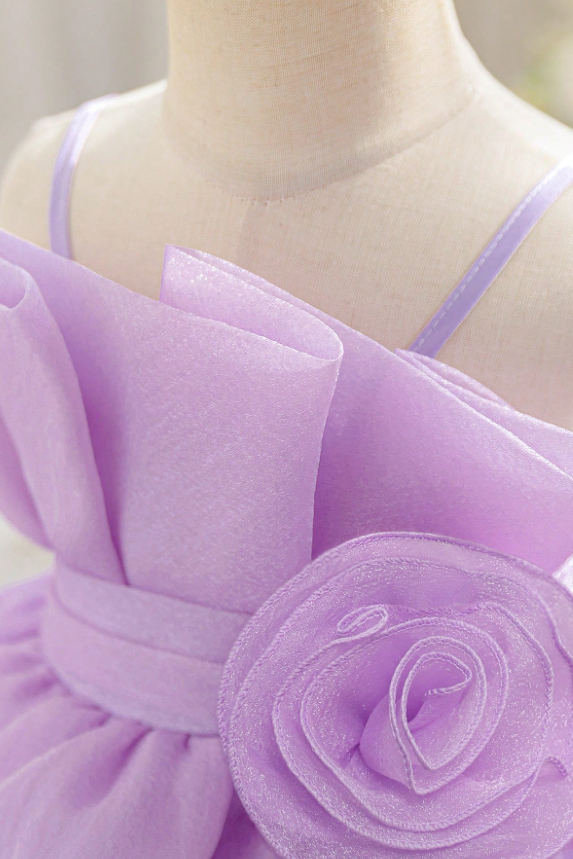 Lavender Chiffon Spaghetti Strap 3D Floral Back Big Bow Double-Layer A-Line Dress