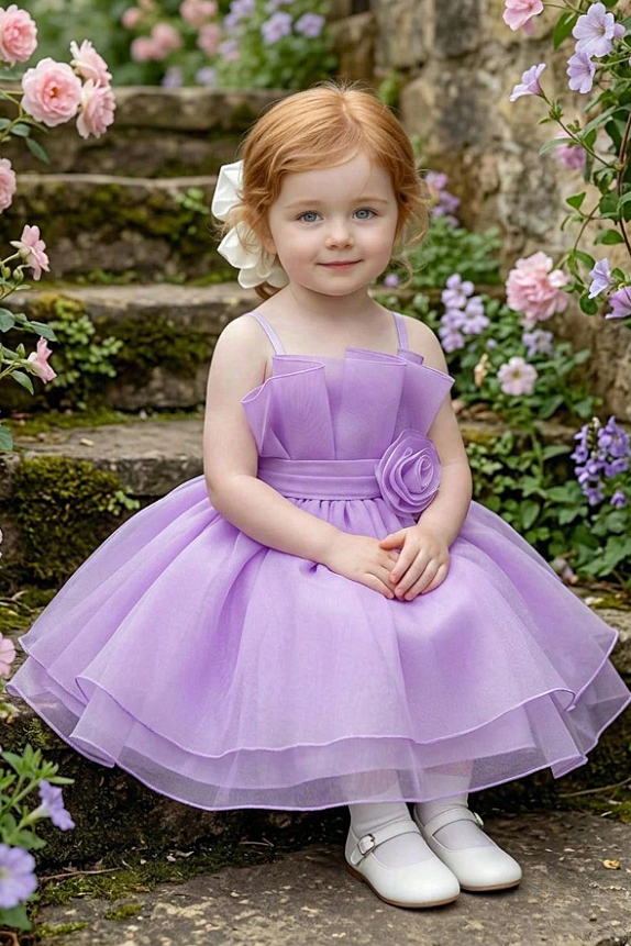 Lavender Chiffon Spaghetti Strap 3D Floral Back Big Bow Double-Layer A-Line Dress