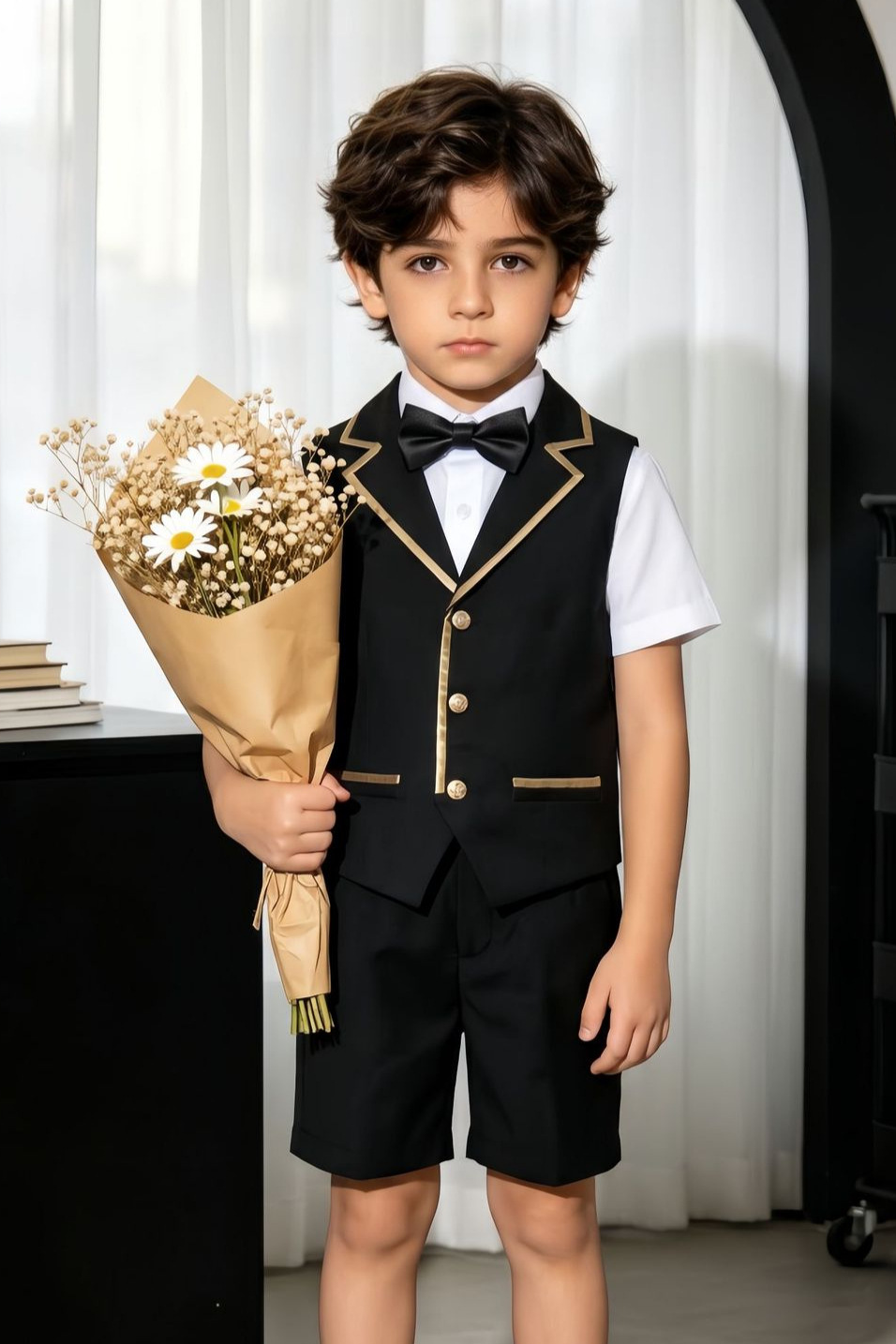 Black Serge-Blend Gold Satin Piped Waistcoat 2-Piece Suit