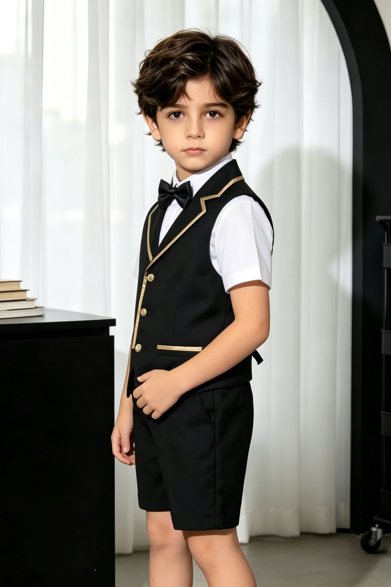 Black Serge-Blend Gold Satin Piped Waistcoat 2-Piece Suit