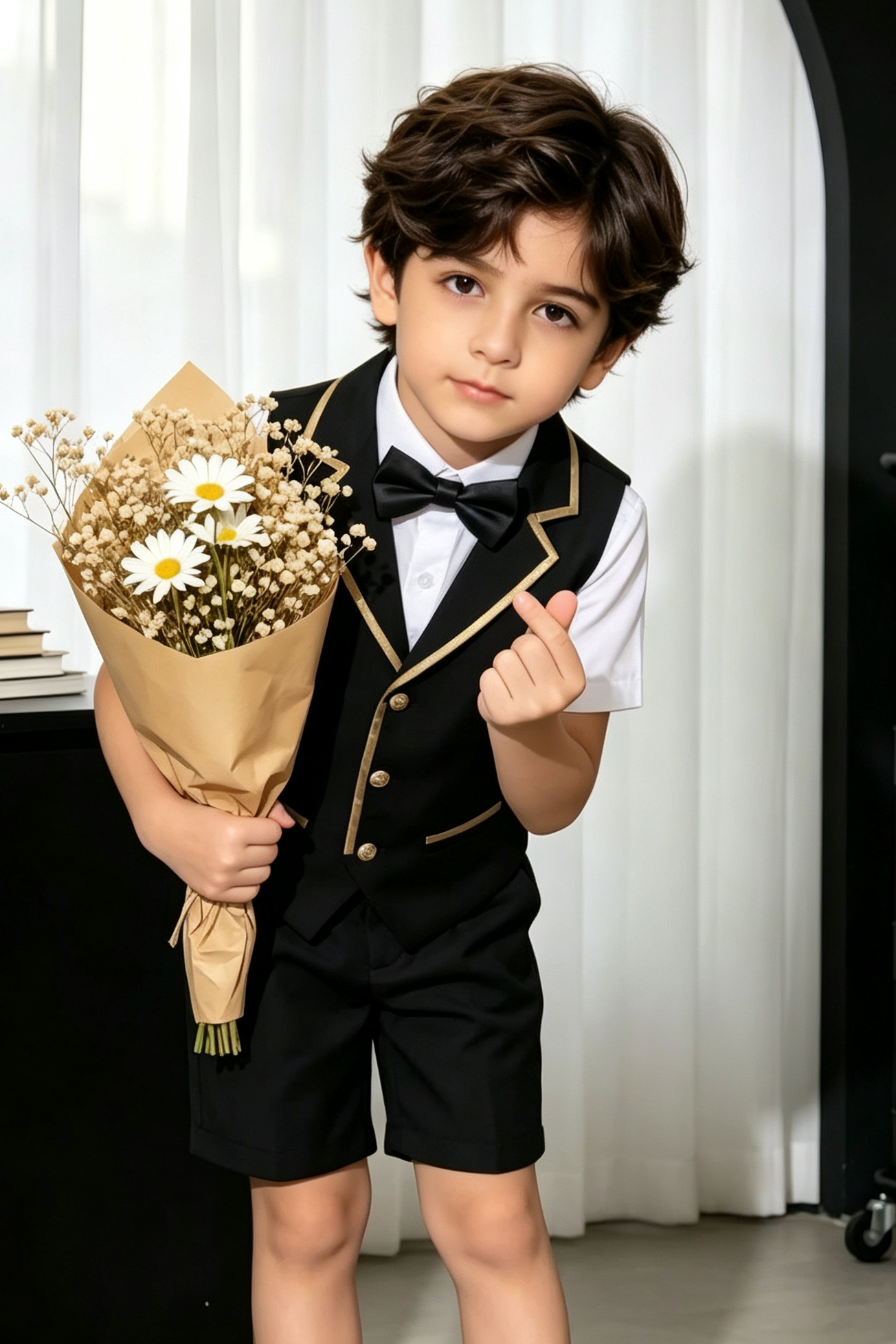 Black Serge-Blend Gold Satin Piped Waistcoat 2-Piece Suit