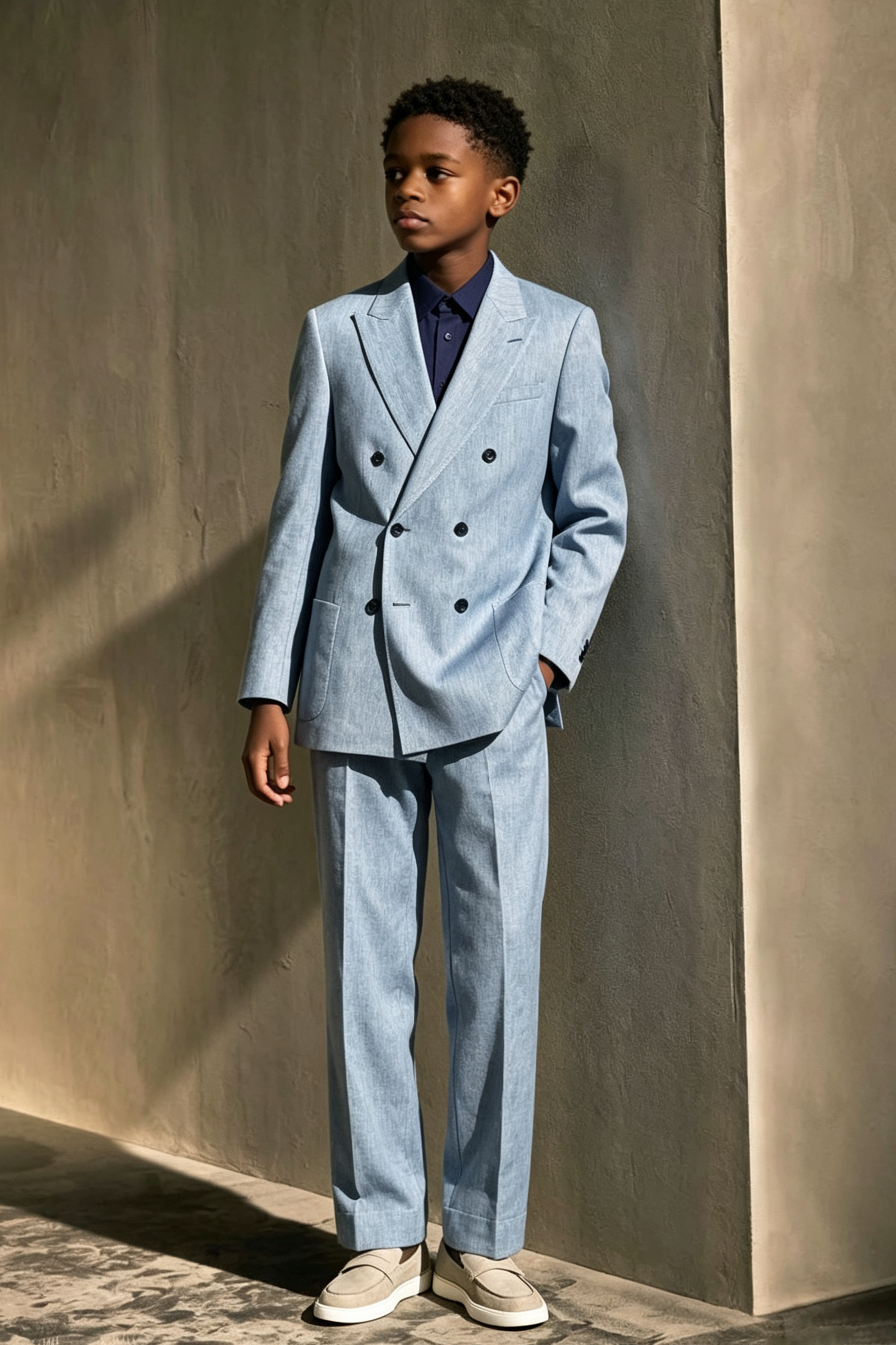 Dusty Blue Cotton-Linen Blend Double-Breasted 2-Piece Suit