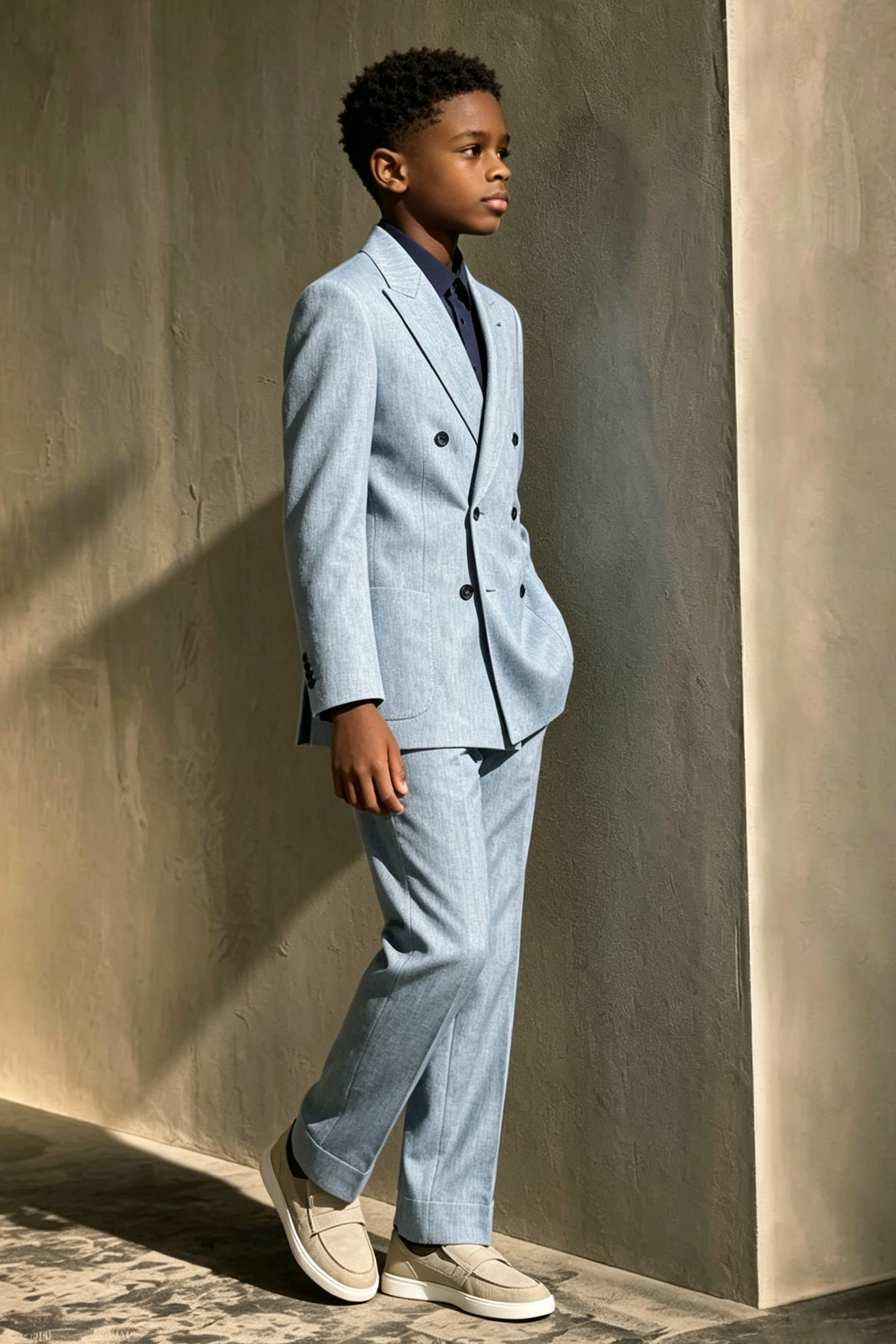 Dusty Blue Cotton-Linen Blend Double-Breasted 2-Piece Suit