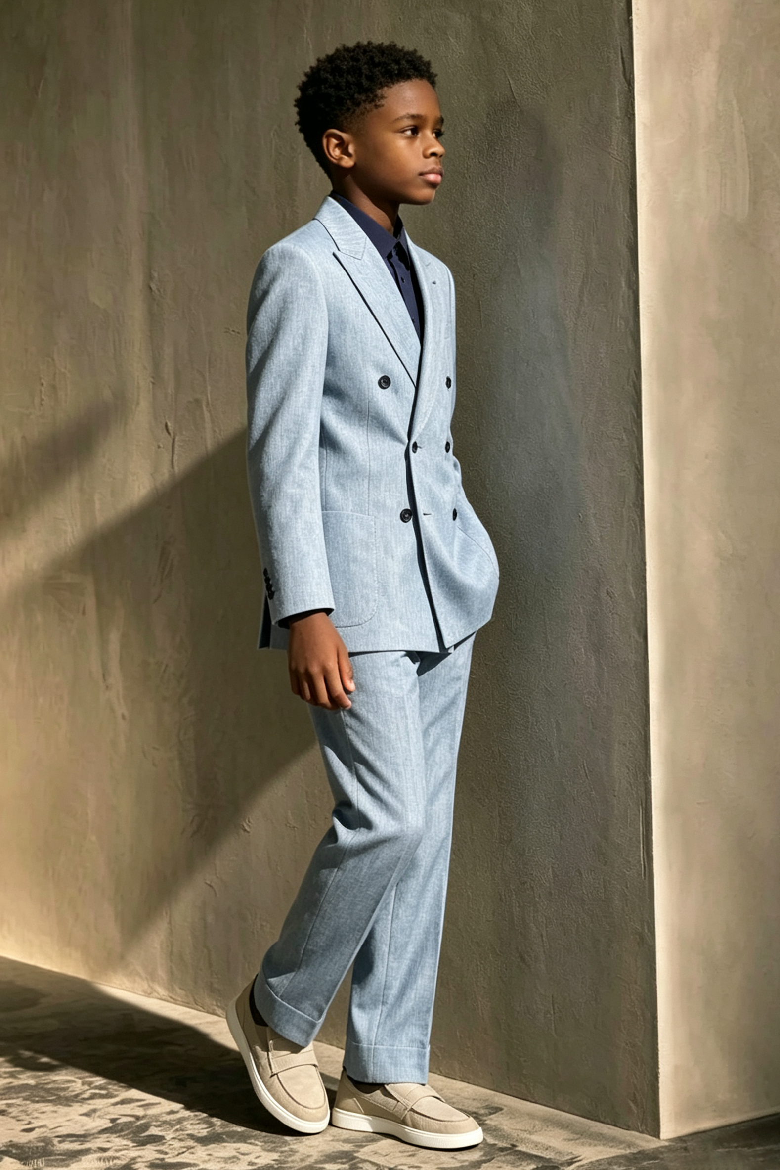 Dusty Blue Cotton-Linen Blend Double-Breasted 2-Piece Suit