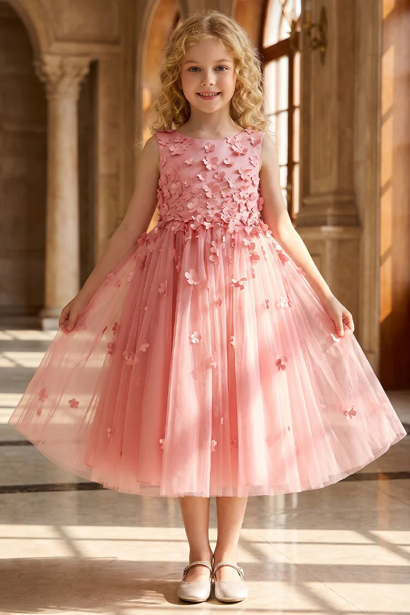 Girls Dusty Pink Sleeveless Tulle Midi Dress for Wedding Occasions