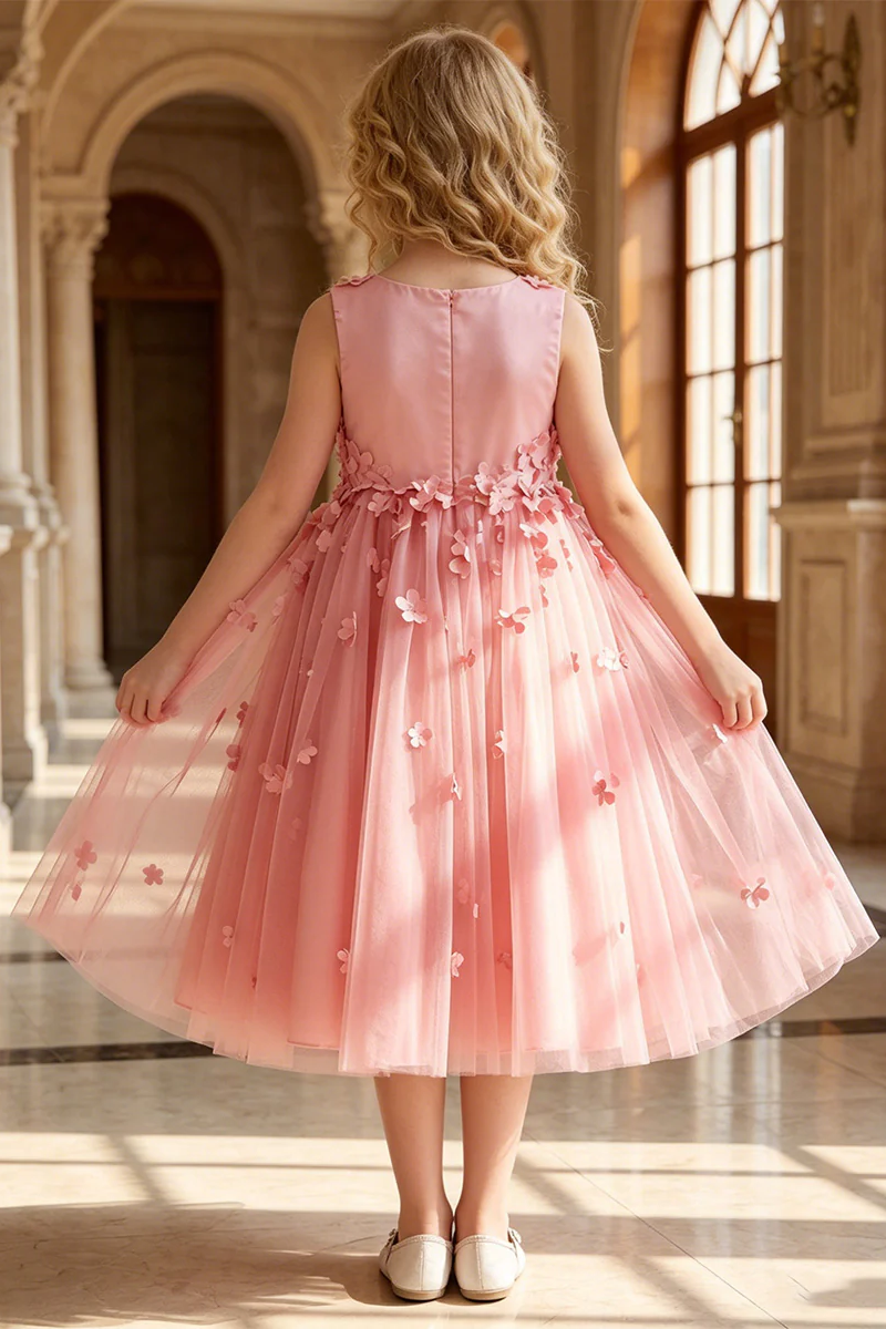 Girls Dusty Pink Sleeveless Tulle Midi Dress for Wedding Occasions