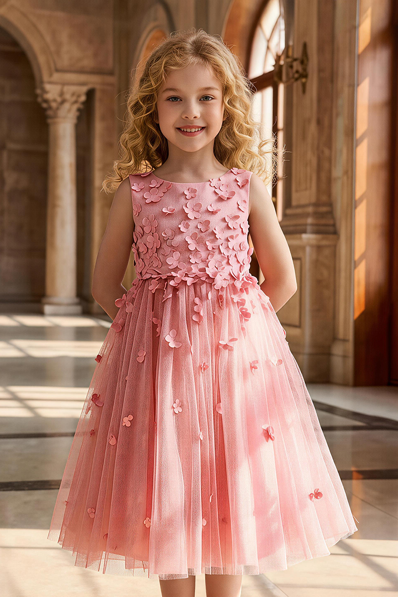 Girls Dusty Pink Sleeveless Tulle Midi Dress for Wedding Occasions