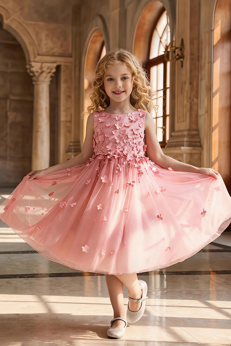 Girls Dusty Pink Sleeveless Tulle Midi Dress for Wedding Occasions