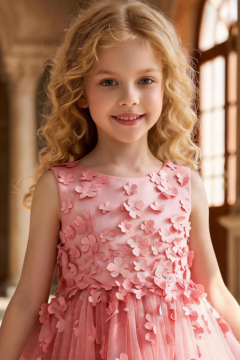 Girls Dusty Pink Sleeveless Tulle Midi Dress for Wedding Occasions