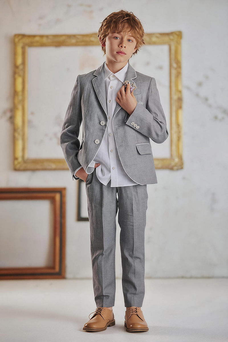 Boys Grey Linen Notch Lapel Blazer & Matching Trousers 2-Piece Suit