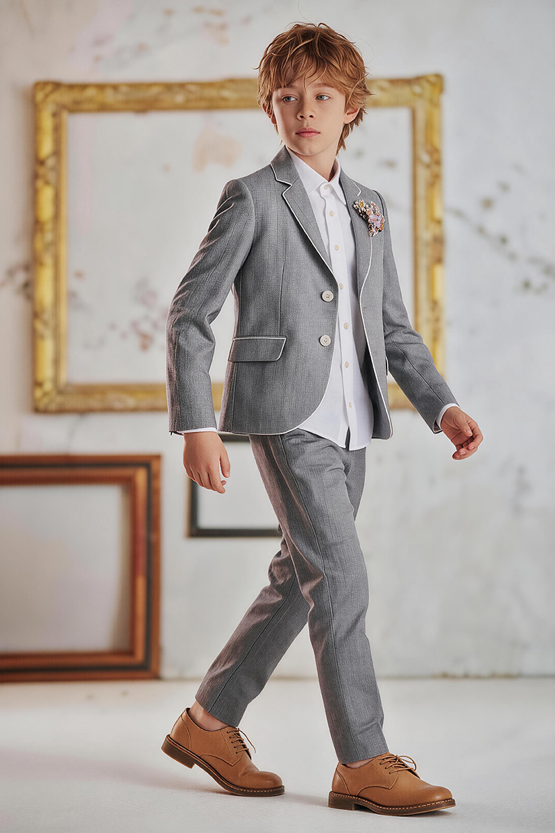 Boys Grey Linen Notch Lapel Blazer & Matching Trousers 2-Piece Suit