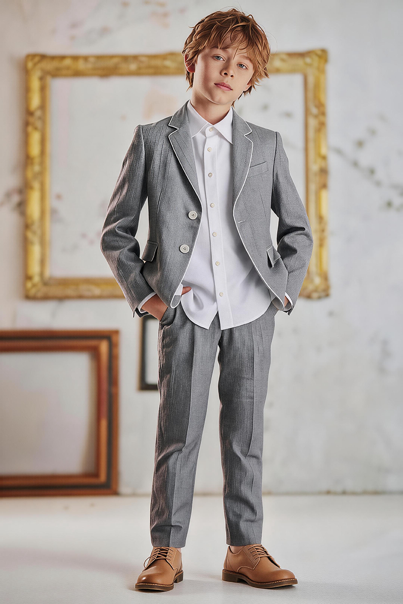 Boys Grey Linen Notch Lapel Blazer & Matching Trousers 2-Piece Suit