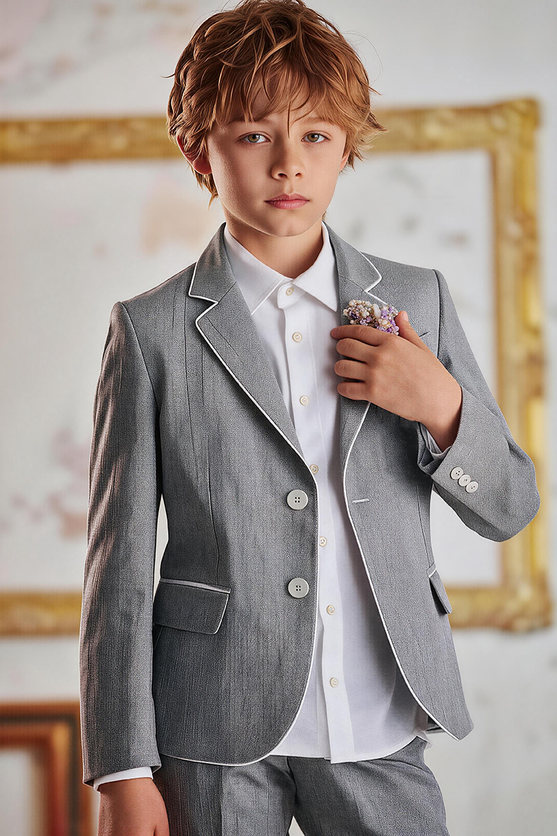 Boys Grey Linen Notch Lapel Blazer & Matching Trousers 2-Piece Suit