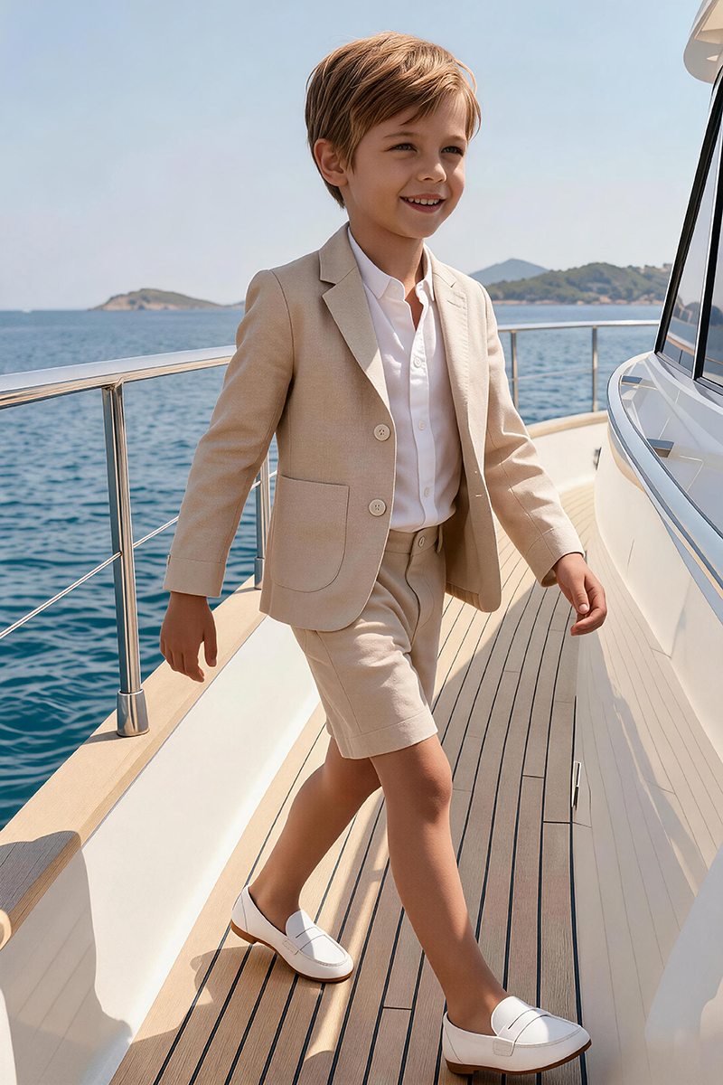 Boys Beige Notch Lapel Blazer & Shorts & Shorts 2-piece Suit