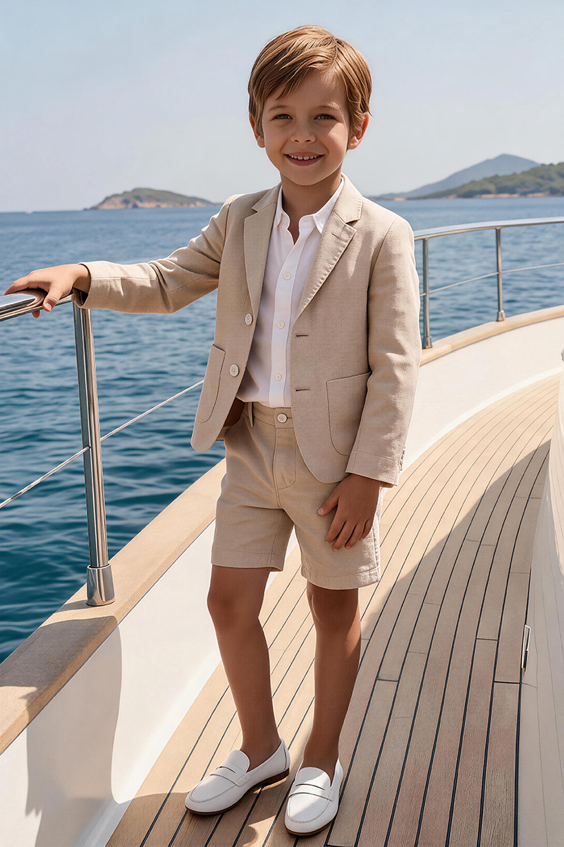 Boys Beige Notch Lapel Blazer & Shorts & Shorts 2-piece Suit