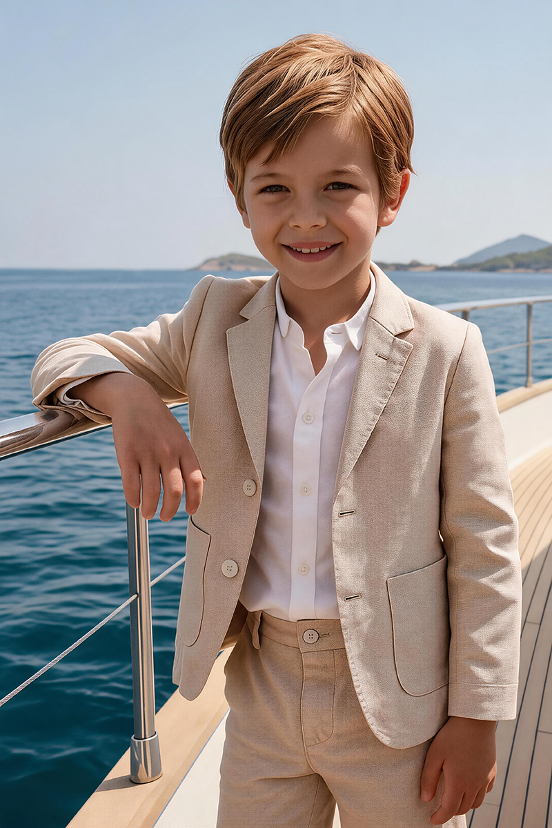 Boys Beige Notch Lapel Blazer & Shorts & Shorts 2-piece Suit