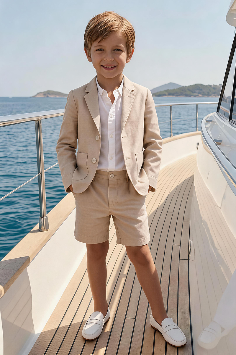 Boys Beige Notch Lapel Blazer & Shorts & Shorts 2-piece Suit