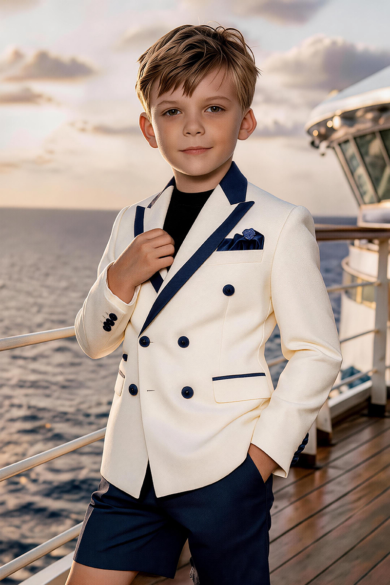 Boys White Navy Trim Double Breasted Blazer & Navy Shorts 2-piece Suit