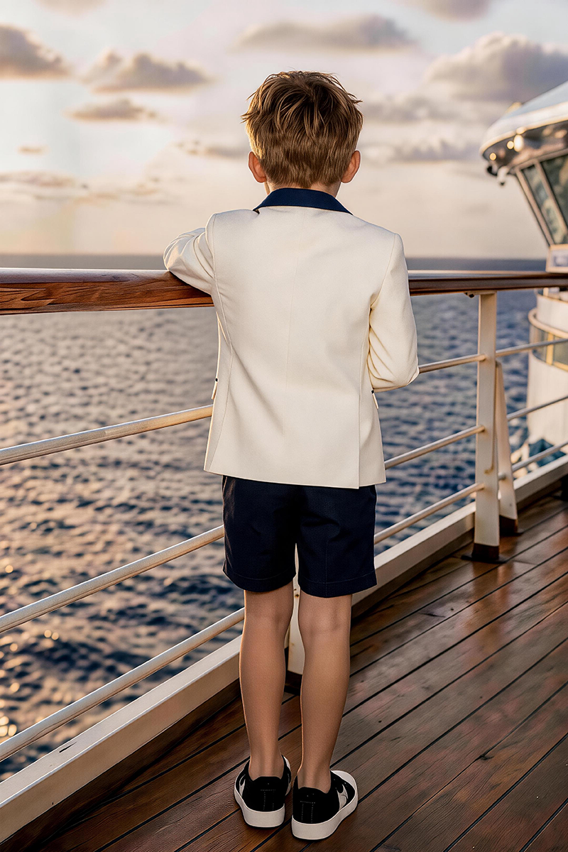 Boys White Navy Trim Double Breasted Blazer & Navy Shorts 2-piece Suit