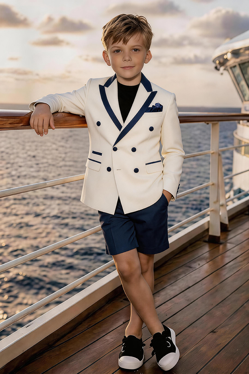 Boys White Navy Trim Double Breasted Blazer & Navy Shorts 2-piece Suit