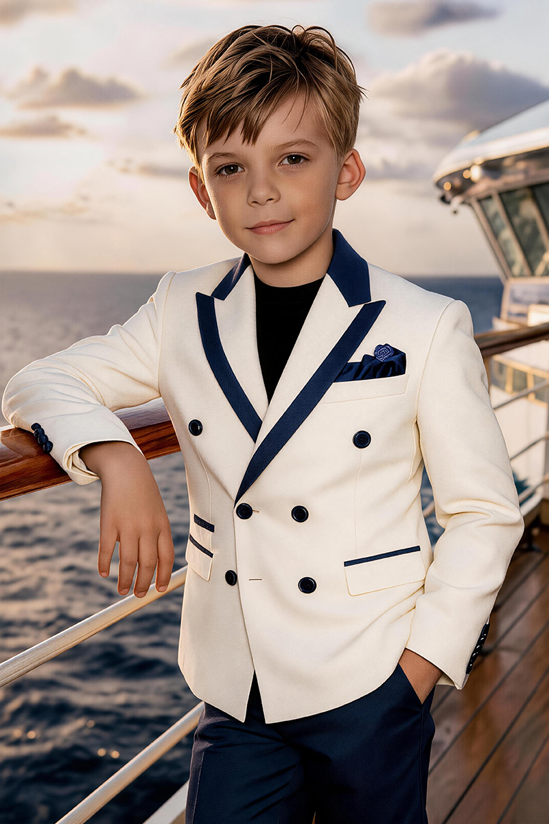 Boys White Navy Trim Double Breasted Blazer & Navy Shorts 2-piece Suit